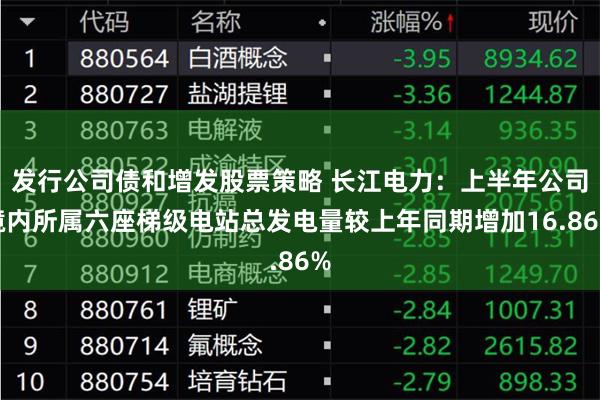 发行公司债和增发股票策略 长江电力：上半年公司境内所属六座梯级电站总发电量较上年同期增加16.86%